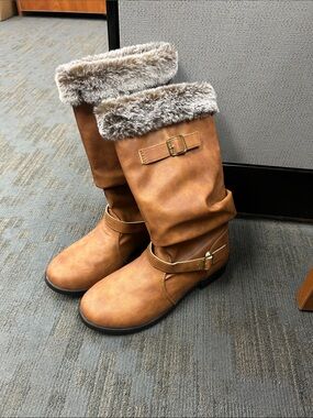 Faux Fur Trim Tan Slouch Boots